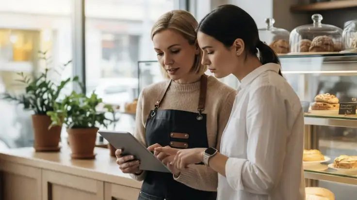 Propietarias de panadería trabajando juntos en la administración de su negocio, ejemplificando la administración estratégica en pequeñas empresas 
