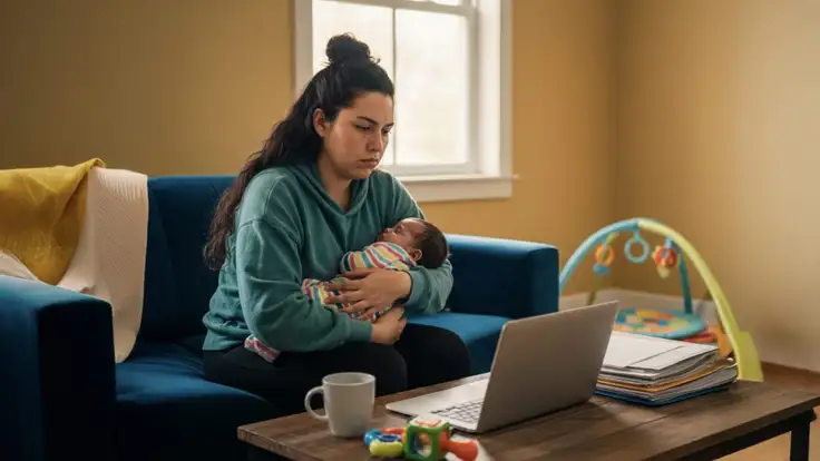 Madre sentada en el suelo de su hogar, visiblemente agotada mientras sostiene a su bebé y mira una laptop abierta, escena que refleja el burnout en madres al intentar equilibrar el cuidado infantil, las responsabilidades del hogar y el trabajo o estudio desde casa. 