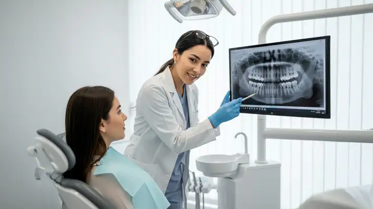 Profesional de la salud explica a un paciente los resultados de una radiografía dental en una pantalla digital dentro del consultorio, ejemplificando la digitalización en salud mediante el uso de tecnología médica para el diagnóstico, la atención clínica y la toma de decisiones asistidas por sistemas digitales.