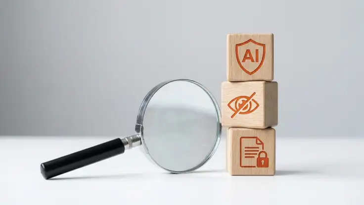Bloques de madera apilados con iconos de etica digital, mostrando un escudo con las siglas AI, un ojo tachado para la privacidad y un documento protegido, junto a una lupa sobre un fondo gris neutro. 