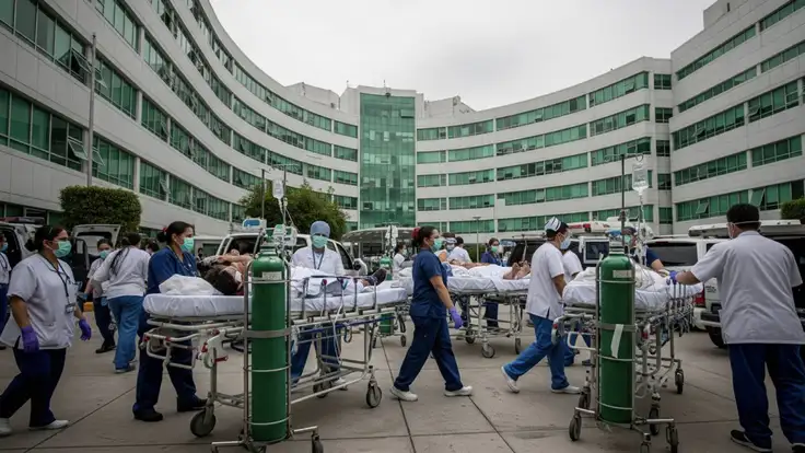 Personal médico trasladando pacientes en un hospital, mostrando la importancia de la gerencia en salud y la coordinación en la atención de emergencias. 