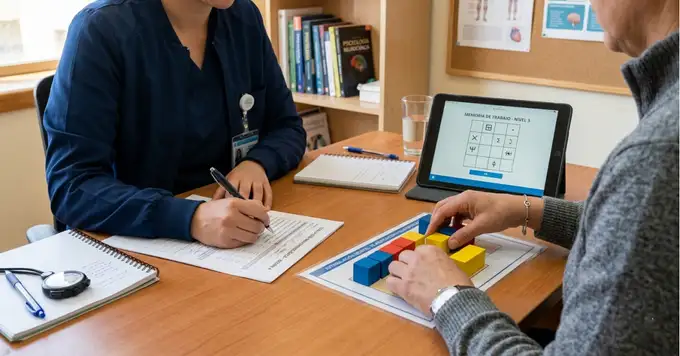 Profesional de la salud en sesión de rehabilitación neuropsicológica con paciente en entorno clínico, utilizando pruebas cognitivas, tablet digital y ejercicios de estimulación mental.