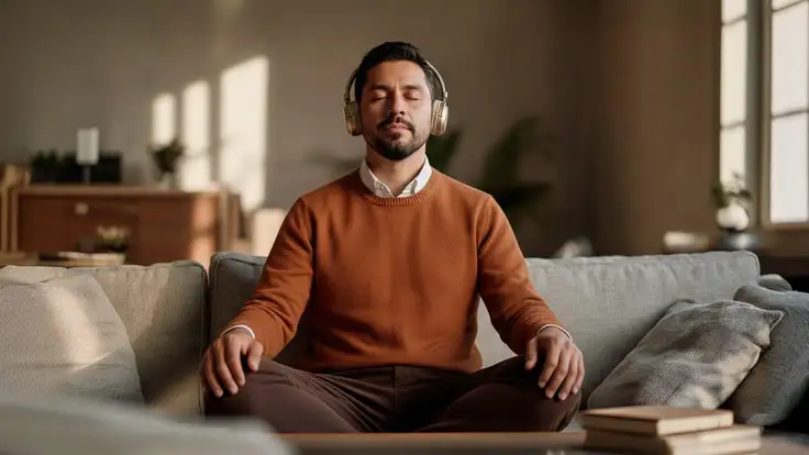 Docente sentado en el sofá de su hogar practica respiración consciente con auriculares y ojos cerrados, ilustrando el uso de mindfulness para docentes como estrategia de autocuidado, gestión del estrés y bienestar emocional en el ámbito educativo. 