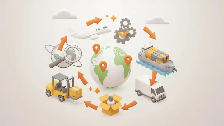 Ilustración de mapa global y elementos empresariales que representan la estrategia de nearshoring, destacando sus elementos de transporte de manera circular. 