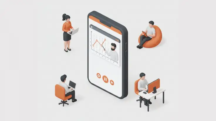 Ilustración de estudiantes aprendiendo en línea con dispositivos digitales y un docente explicando en una pantalla, representando de dónde nace la pedagogía digital y su integración en entornos virtuales. 