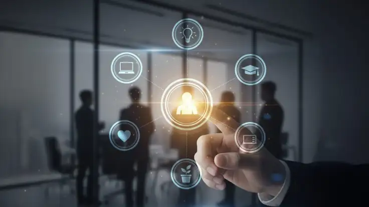 Mujer profesional eligiendo un icono que representa una de las soft skills en un entorno virtual. 