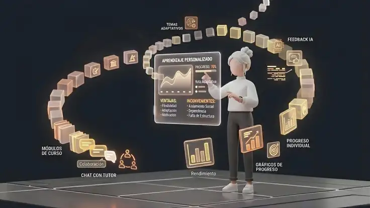 Ilustración moderna de una mujer interactuando con una interfaz holográfica flotante. A su alrededor gira una espiral de módulos de aprendizaje, iconos de chat y gráficos de progreso personal, mostrando las posibilidades e inconvenientes de la educación personalizada. 