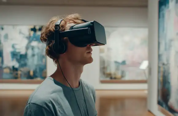Hombre con visor de realidad virtual observando obras de arte digitales en una galería.