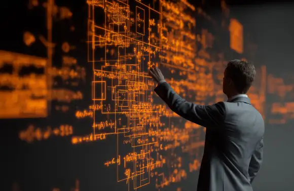 Hombre interactuando con un entorno digital sofisticado lleno de fórmulas matemáticas flotantes y gráficos 3D naranjas, que ilustra conceptos avanzados de matemáticas para ciencia de datos y análisis de negocios.