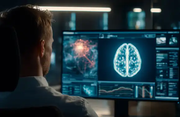 Hombre concentrado frente a un monitor con visualizaciones digitales y elementos gráficos, simbolizando el uso de la psicología del consumidor para entender patrones y comportamientos en análisis avanzados.