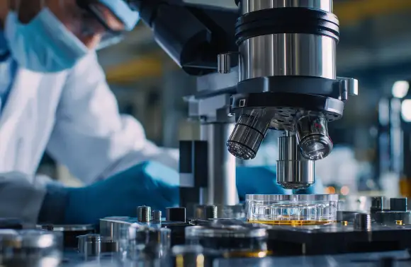 Científico en laboratorio utilizando un microscopio para aplicar métodos de separación de muestras en procesos de análisis científico.