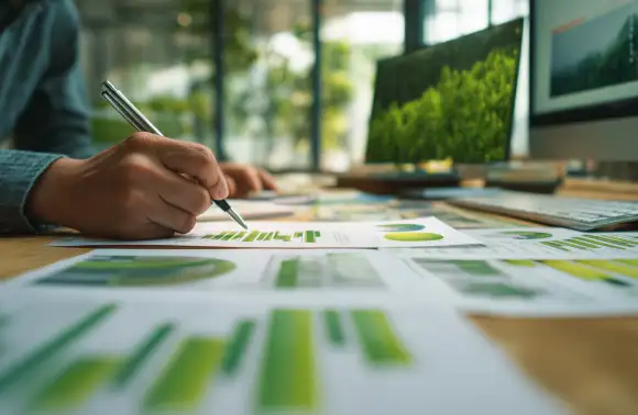 Persona trabajando en documentos y gráficos sobre sostenibilidad y transición energética, con computadora mostrando estadísticas y análisis ambiental.