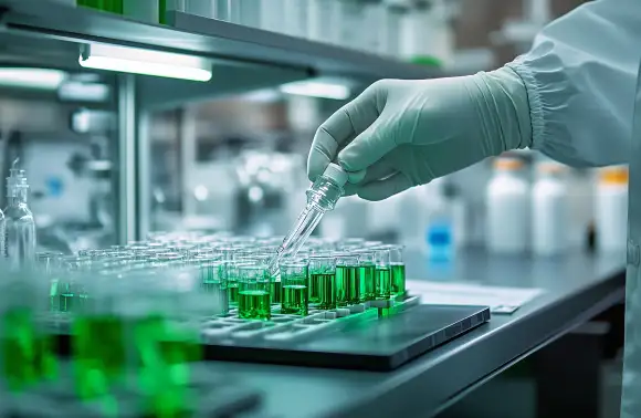 Científicos en laboratorio aplicando procesos de innovación y gestión estratégica para el desarrollo de la industria química.