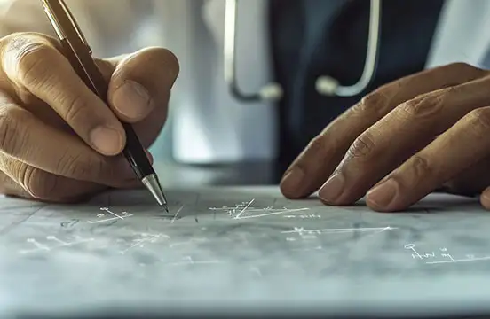 Imagen de un profesional especializado en economía de la salud revisando gráficas y estados financieros.