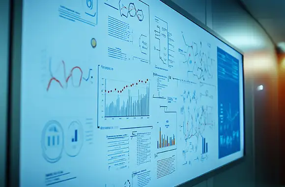 Pizarra electrónica con gráficos, estadísticas y datos organizados, utilizada para análisis y gestión de datos en procesos de planeación.