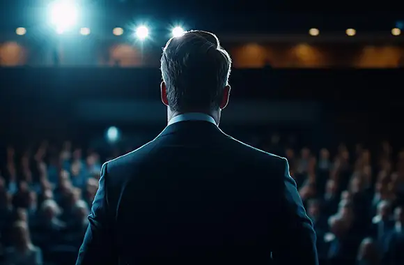 Profesional demostrando sus habilidades de liderazgo durante una conferencia, guiando con confianza a una audiencia atenta y participativa.