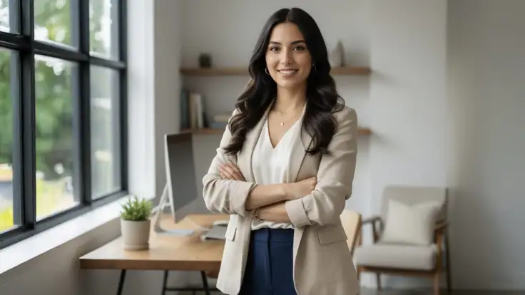 Mujer mexicana profesional sonriente con vestimenta formal, representando liderazgo femenino. 