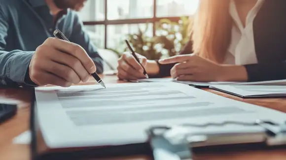 Dos personas revisan y señalan contratos sobre una mesa, teniendo una relación laboral en un entorno de oficina.