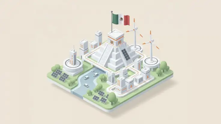 Ilustración vibrante que representa a México con un mapa de fondo y la bandera nacional. La imagen muestra elementos de modernidad y sostenibilidad, incluyendo un monumento icónico integrado con tecnología, paneles solares, turbinas eólicas, una ciudad futurista con un río que la atraviesa, y una pirámide maya. Todos estos elementos simbolizan el progreso y los planes de México hacia la agenda 2050. 