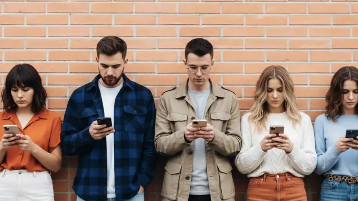Grupo de jóvenes usando sus teléfonos frente a una pared, escena que invita a reflexionar sobre el pensamiento crítico en el aula y la necesidad de promover un uso consciente de la tecnología. 