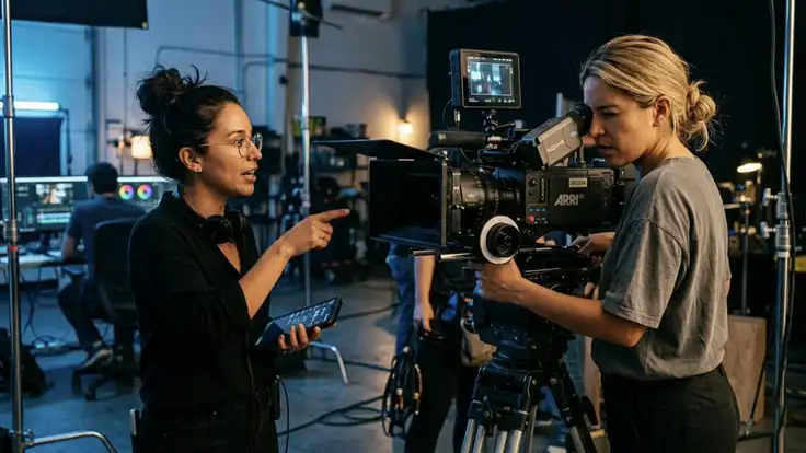 Directora y camarógrafa trabajando en un set de filmación de un documental sobre arte y patrimonio cultural, revisando una tableta y equipo técnico. 