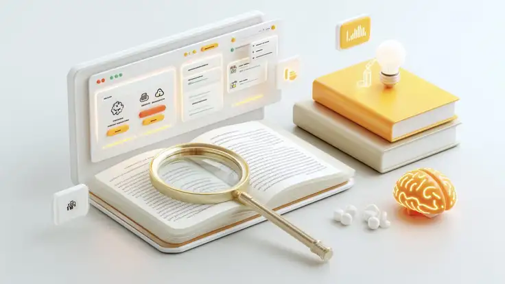 Ilustración conceptual sobre psicología educativa que integra libros, una computadora portátil y una lupa, representando el análisis del aprendizaje, la lectura y los procesos cognitivos en entornos digitales. 