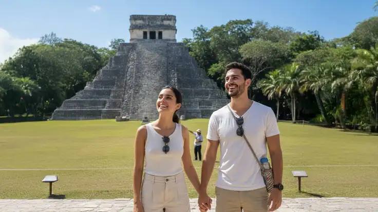 Pareja de turistas contemplando paisaje natural, ejemplo de turismo sostenible en un entorno ecológico mexicano. 