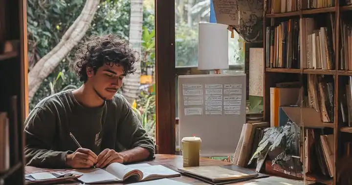 Imagen de un profesional ejercitando su escritura creativa leyendo y escribiendo ideas en un pizarrón o cuaderno. 