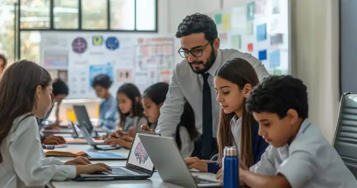 Imagen de un profesional incluyendo métodos pedagógicos diferentes como la IA en las prácticas educativas. 