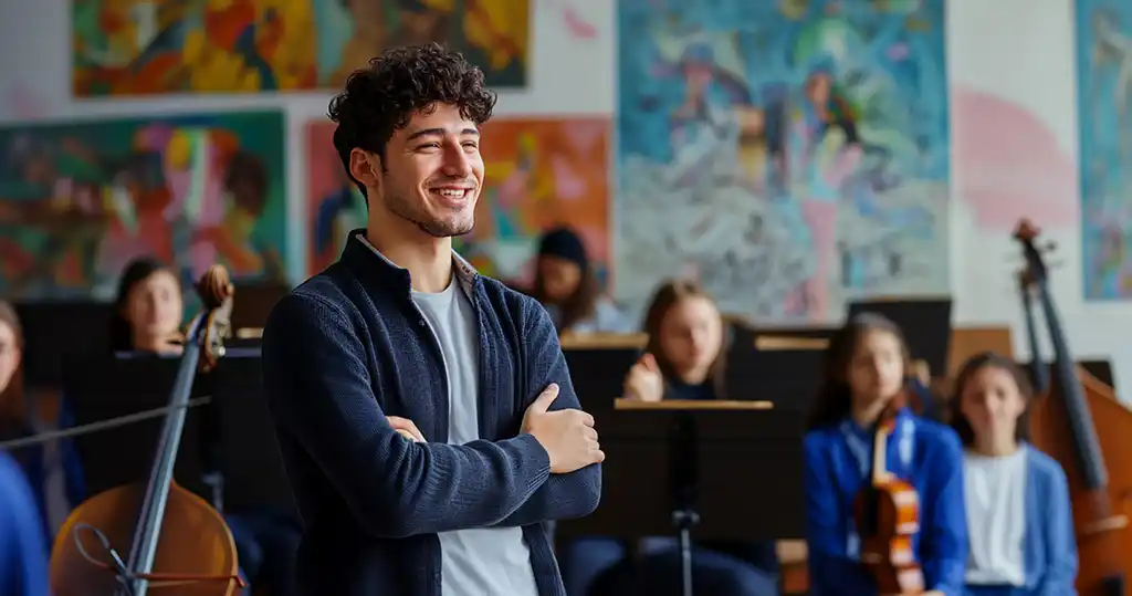 Un profesor de arte dando clases de música a un grupo