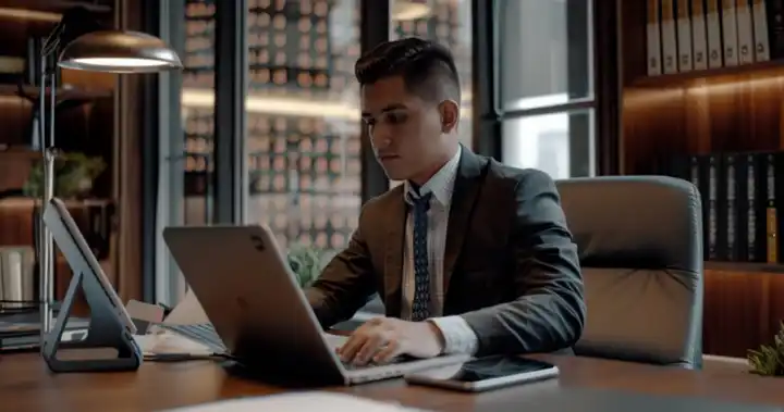 Joven abogado tomando notas en su computadora mientras cursa un diplomado en seguridad informática enfocada en la protección de datos. 