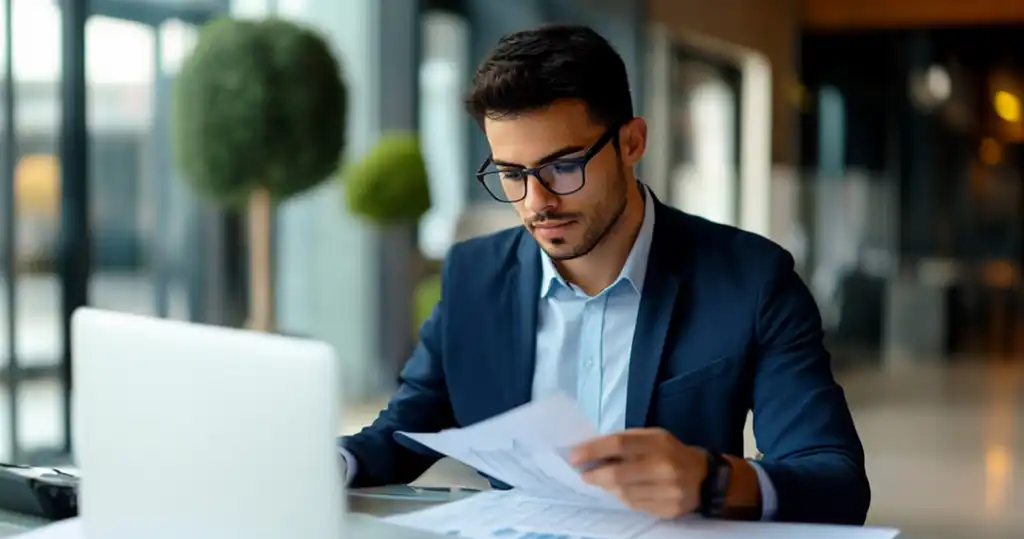 Un profesional del diplomado en gerencia financiera javeriana revisa un informe