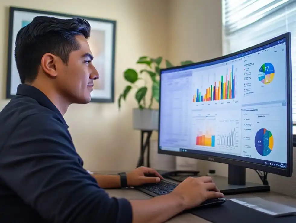 Estudiante frente a computadora comienza a aprender Power BI y Power BI avanzado para la inteligencia de negocios, así como mejorar visualizaciones Power BI y trucos Power BI. 