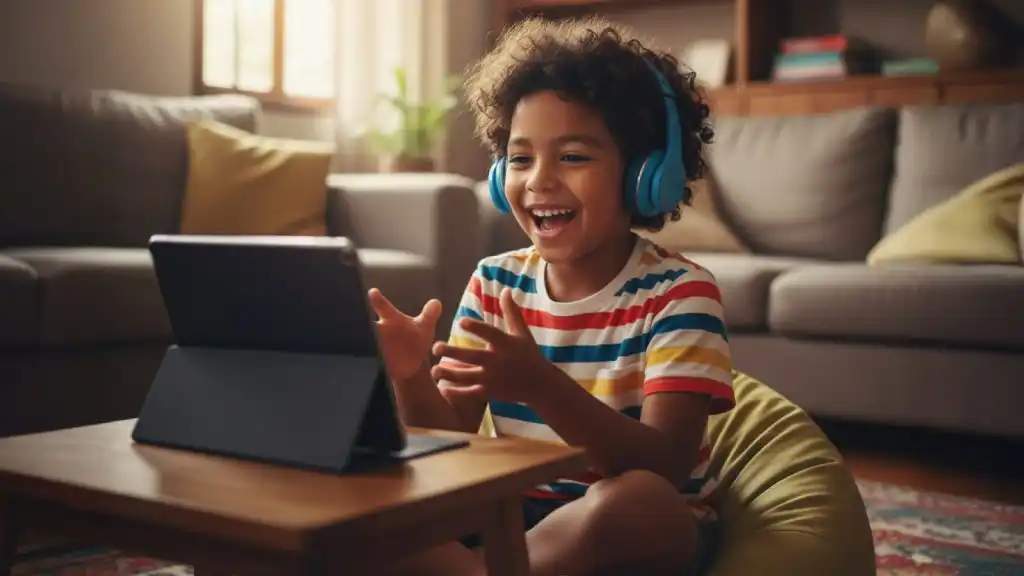 Niña riendo con auriculares mientras está sentada frente a una tablet, disfrutando de clases virtuales para niños.