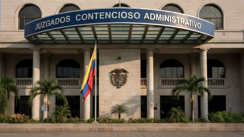 Fachada de los Juzgados Contencioso Administrativo en Colombia, con el escudo nacional y la bandera colombiana visibles, representando el ejercicio del derecho contencioso administrativo en la resolución de conflictos entre ciudadanos y el Estado.