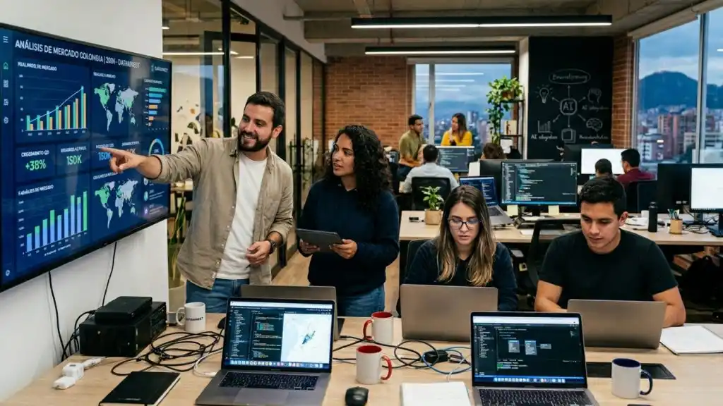 Visualización de un ecosistema de startups en Colombia con emprendedores conectados, tecnología y datos impulsando negocios innovadores.