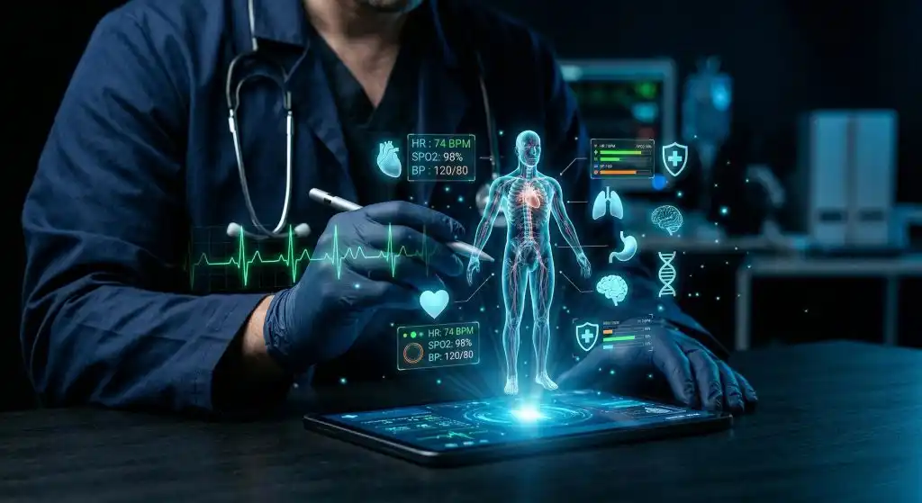 Médico utilizando herramientas de inteligencia artificial en una pantalla clínica para analizar datos de un paciente, reflejando el uso ético del diagnóstico médico con IA y la toma de decisiones informadas en salud.