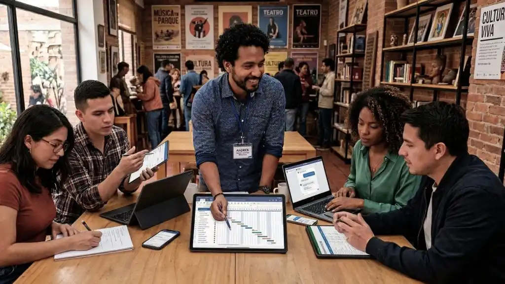 Un gestor cultural junto a su equipo de trabajo analizando presupuestos y cronogramas en un recinto cultural, mostrando un entorno de colaboración profesional y dinámico.