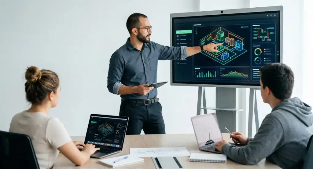Profesor de ingeniería civil utiliza una pantalla táctil con planos 3D para fomentar la innovación educativa ante estudiantes con laptops en un aula moderna.