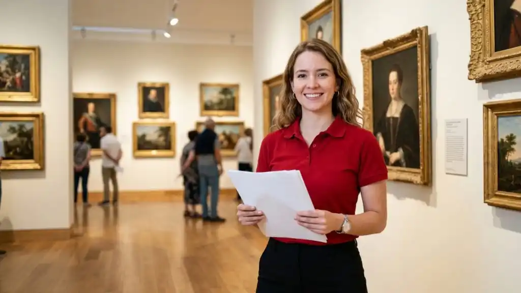 Una joven en una galería de arte, representando el momento de estudiar gestión cultural al explorar y documentarse sobre arte en un entorno museístico.