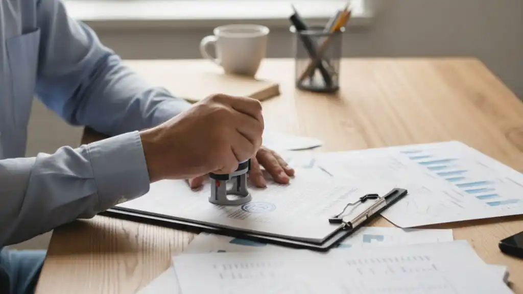 Persona firmando un documento con un estampillo, ilustrando conceptos del derecho administrativo.