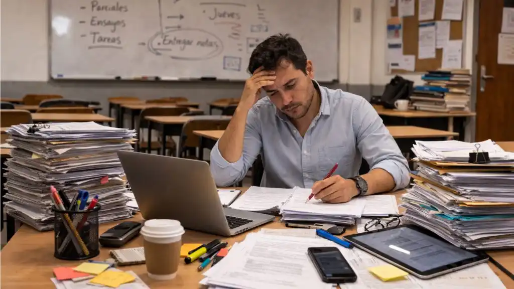 Profesor joven sentado frente a un escritorio con altas pilas de exámenes y documentos, reflejando los retos de la productividad laboral y la saturación de tareas en el entorno académico.