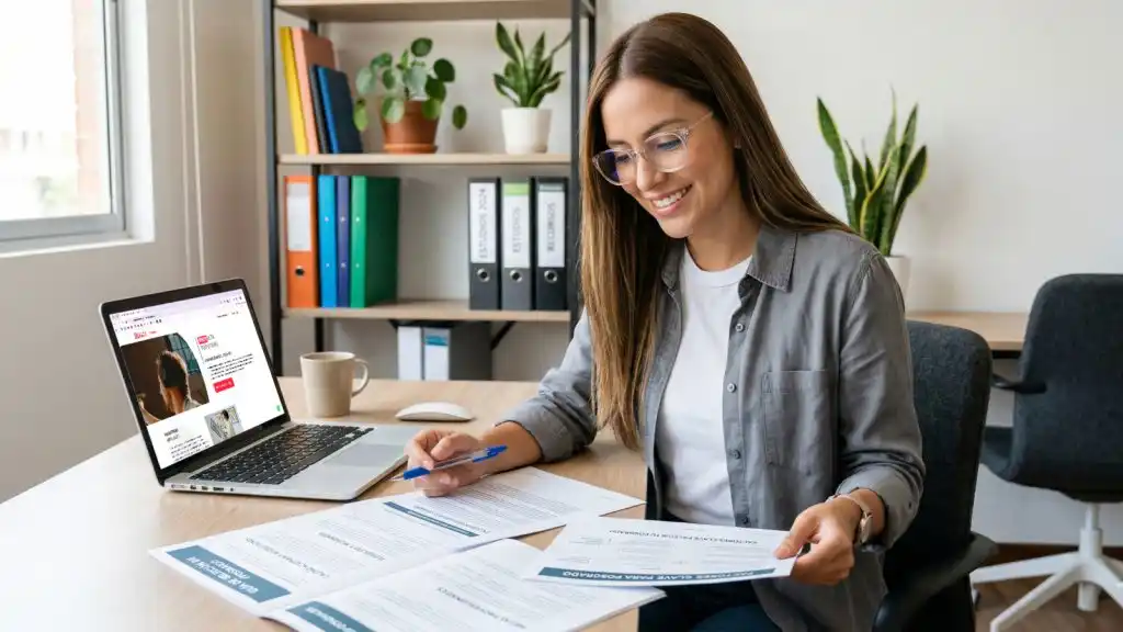 Profesional comparando opciones de estudio online en su computadora, analizando cómo elegir un posgrado según calidad académica, flexibilidad y objetivos profesionales en un entorno digital.