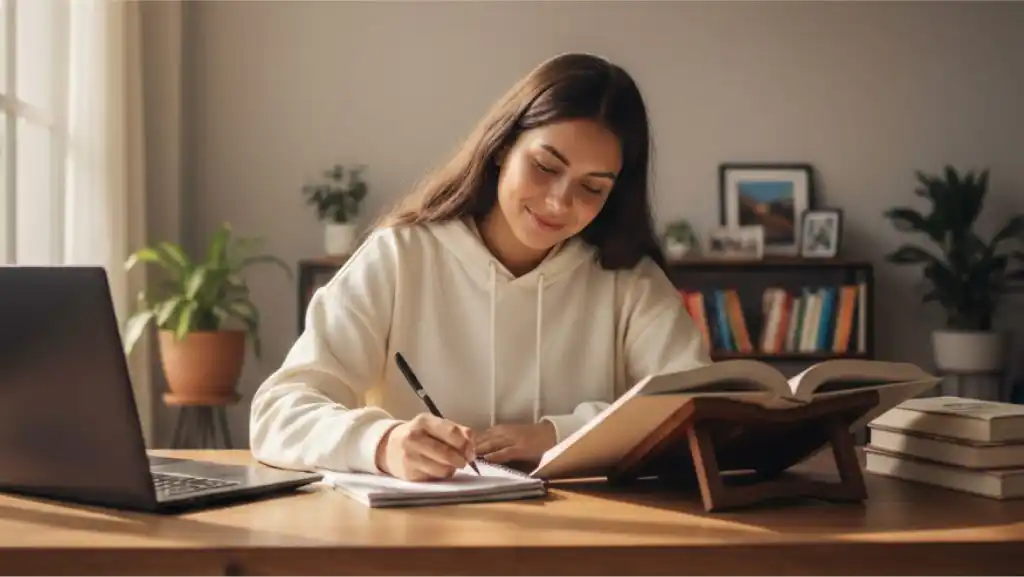 Estudiante concentrada escribiendo y tomando apuntes, ilustrando la práctica de la redacción académica.