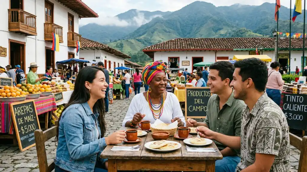 Una fotografía de un mercado de agricultores al aire libre en un pueblo colonial en Colombia. La escena captura el regionalismo con un grupo diverso de personas, incluyendo a una mujer mayor con un tocado colorido, sentada alrededor de una mesa compartiendo una comida tradicional de arepas y café.