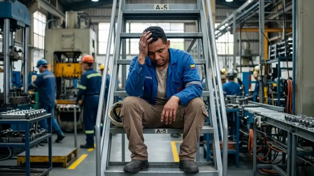 Trabajador de una fábrica sentado en una escalera con gesto de agotamiento, ejemplificando por qué es importante la salud mental para prevenir el burnout laboral.