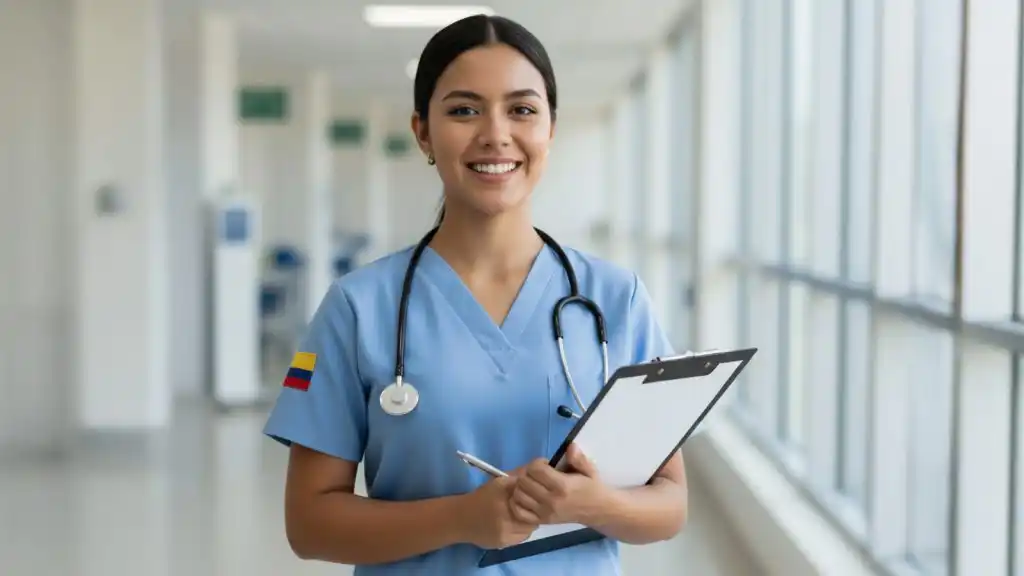 Enfermera sosteniendo un clipboard, simbolizando el compromiso con el sistema de salud y la atención al paciente.