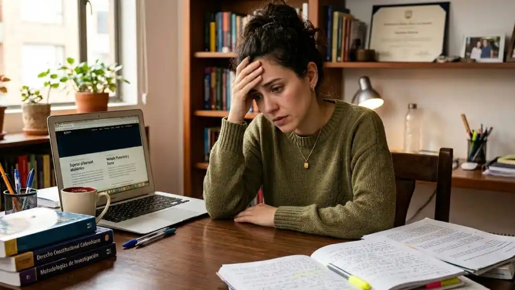 Mujer joven con expresión de estrés frente a su laptop y libros, buscando técnicas de estudio y concentración para superar el agotamiento mental en su estudio.