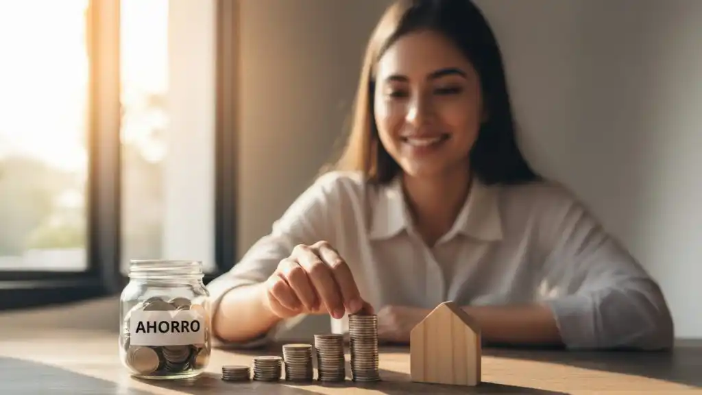 Persona organizando monedas en filas crecientes junto a una alcancía y una casa de madera, representando hábitos de ahorro y cómo aprender a manejar el dinero para construir estabilidad financiera a largo plazo.