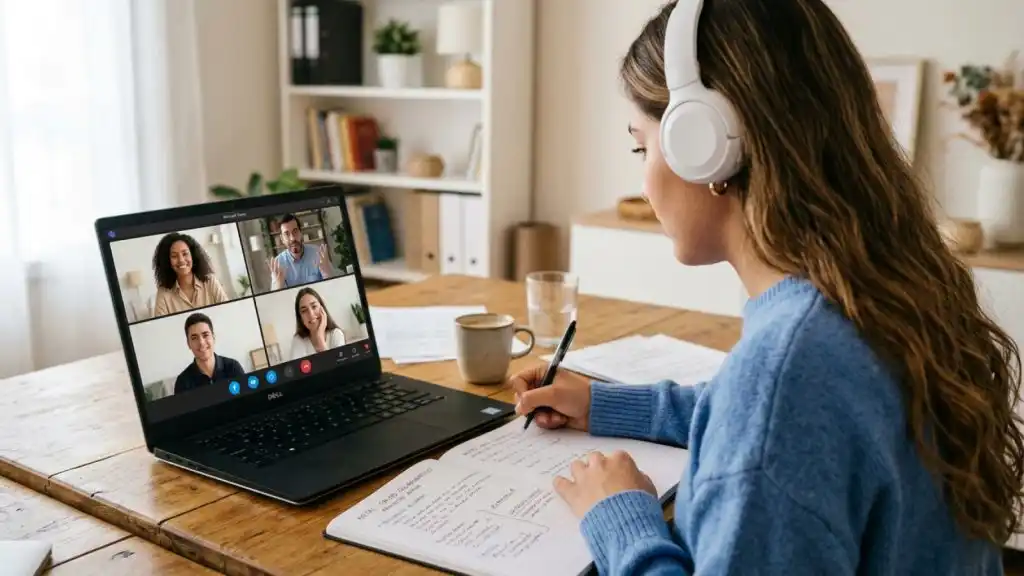 Grupo de estudiantes participando en aprendizaje colaborativo en línea a través de foros, videollamadas y trabajo en equipo virtual.